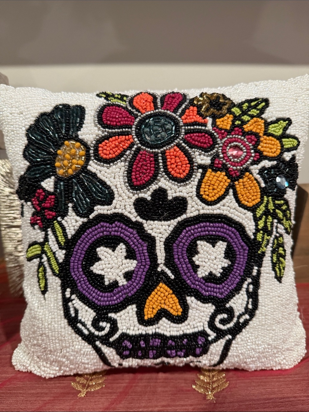 Day of the Dead Dia De Los Muertos Halloween Beaded Throw
Pillow Skull 11" x 11"